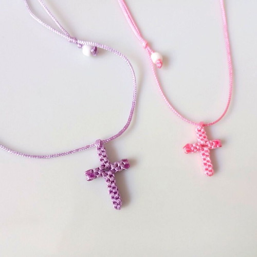 Macrame cross necklace in pink or purple