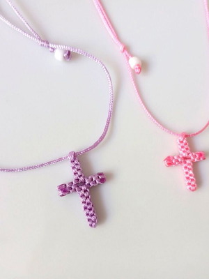 Macrame cross necklace in pink or purple