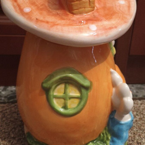 Ceramic Easter Cookie Jar Mushroom House like new