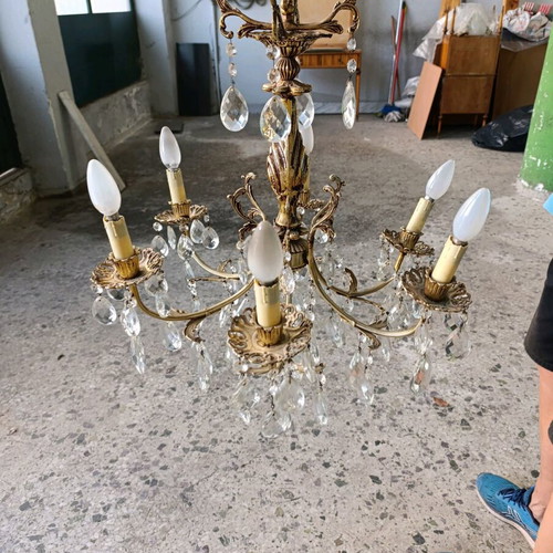 Six-light antique chandelier with crystals like new