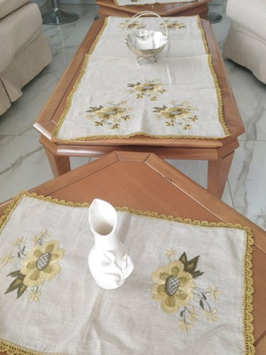 Set of Handmade Gold-Embroidered Vintage 60s Linens Like New