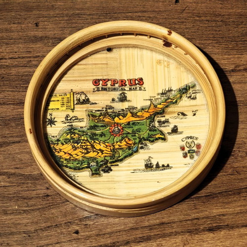 Vintage coasters used, pack of 7, bamboo with Cyprus design