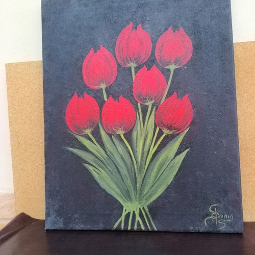 Painting with red tulips on canvas like new, handmade