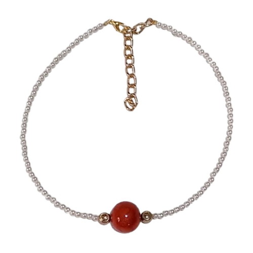 Pearl necklace with central red coral and metal elements new