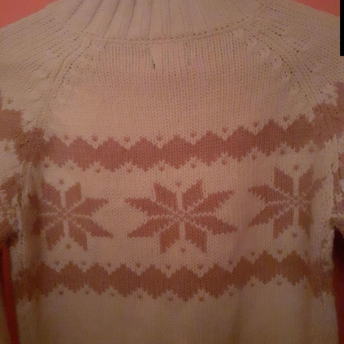 Cropped knitted sweater with high collar and buttons, size Medium, white with pink pattern
