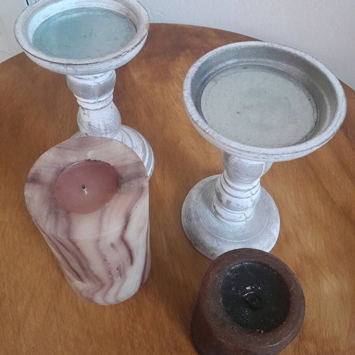 Wooden candlesticks with candles used, set of 2 pieces