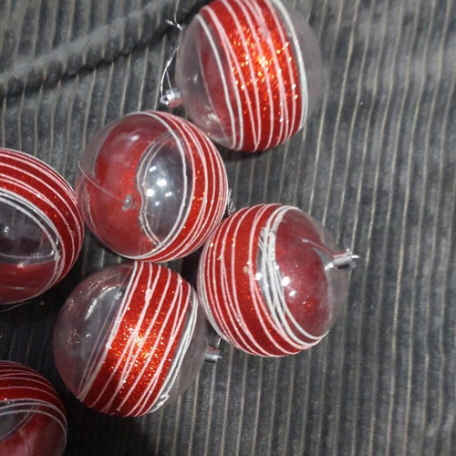 Set of 7 Candy Cane Christmas balls like new, red and white