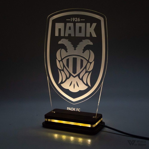 PAOK FC LED lamp handmade with wooden base and Plexiglass new