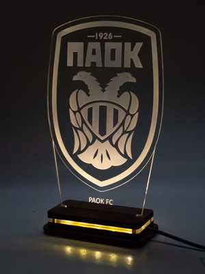 PAOK FC LED lamp handmade with wooden base and Plexiglass new