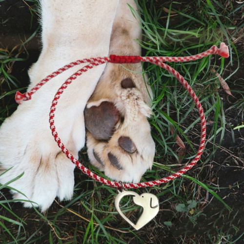 Martaki stainless steel heart bracelet with dog charm, adjustable macrame