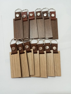 Keychains pack of 12 with genuine leather and wood