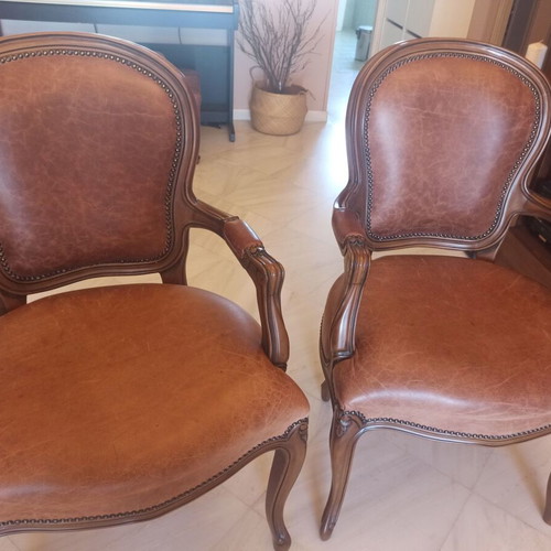 Dining table set with 4 leather chairs and 2 armchairs, beech wood