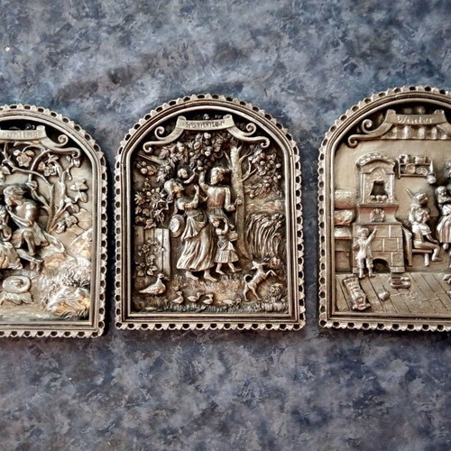 Set of three Zinn relief tin paintings Handarbeit