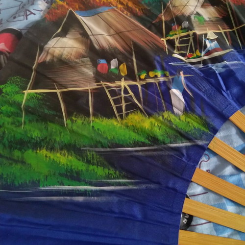 Large decorative hand-painted wall fan 1m by 60cm