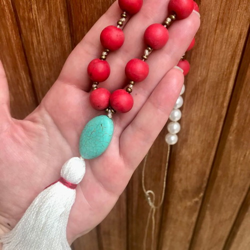 Long rosary necklace with blue chalcedony, red and white beads, and white tassel new