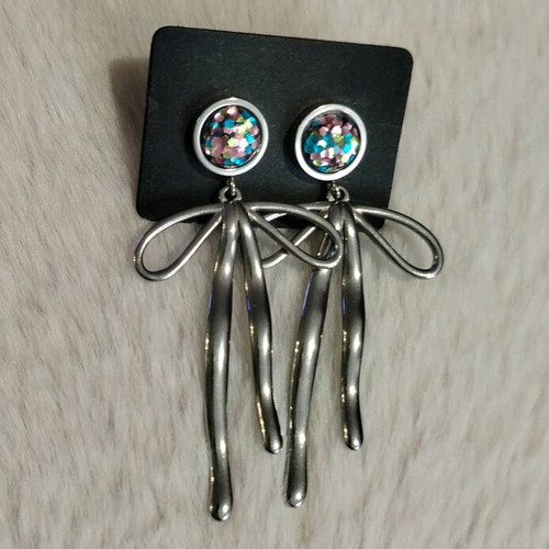 Glitter Ribbon Earrings made of steel, custom order, blue and silver