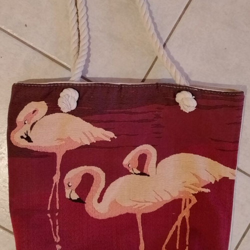 Shoulder beach bag used with flamingo design, beige and red