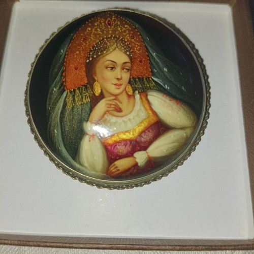 Fedoskino Russian Silver Brooch 1993 Signed Vintage Atelier used