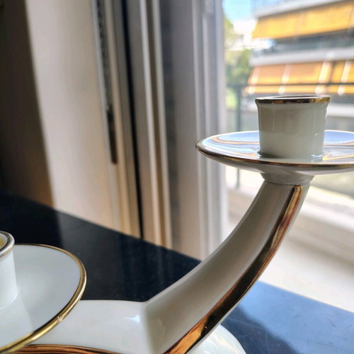 Triple candlestick with porcelain and gold lines like new