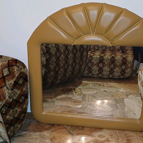 Mirror with wooden frame covered with leatherette used, beige