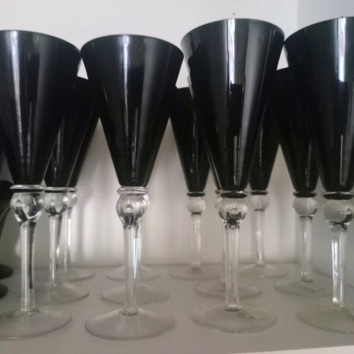 Stemmed wine and water glasses with jug, new, black, set of 12