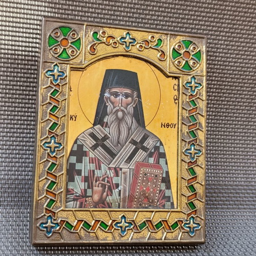 Vintage icon in brass frame with enamel