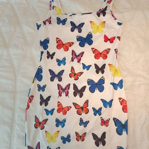 Shein fitted dress with butterflies large like new, white multicolor