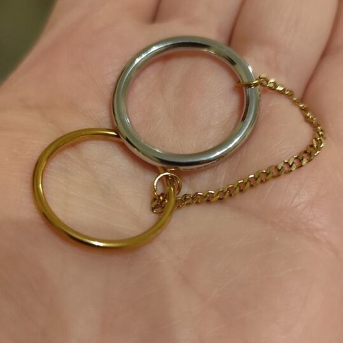 Two-tone ring new with two bands and chain, sizes 10 and 9, stainless steel