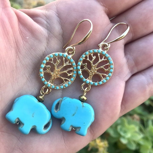 Earrings with elephants and gold metal tree of life new