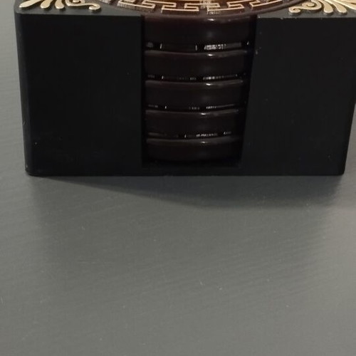 Vintage coaster set of 5 with original black holder from Rhodes