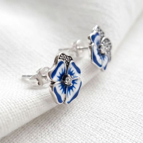 Pandora Blue Pansy Necklace and Earrings Set new, silver 925