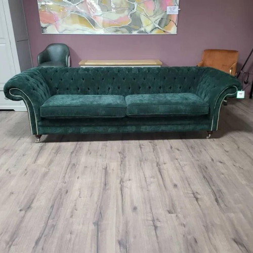 Large green Chesterfield fabric sofa new, four-seater