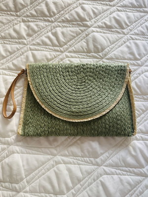 Straw bag clutch sage green new with strap