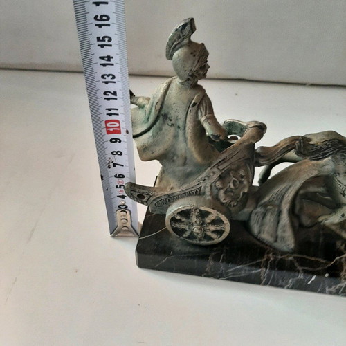Italian decorative piece used, marble base, chariot scene with Roman soldier