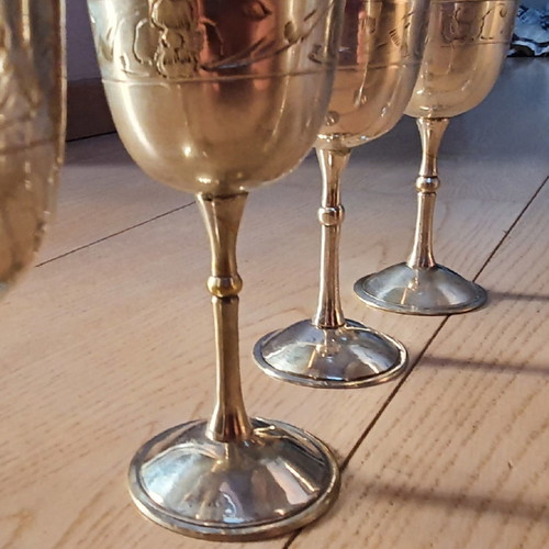 Silver-plated liqueur glasses used, set of 6, 1970s with nice pattern