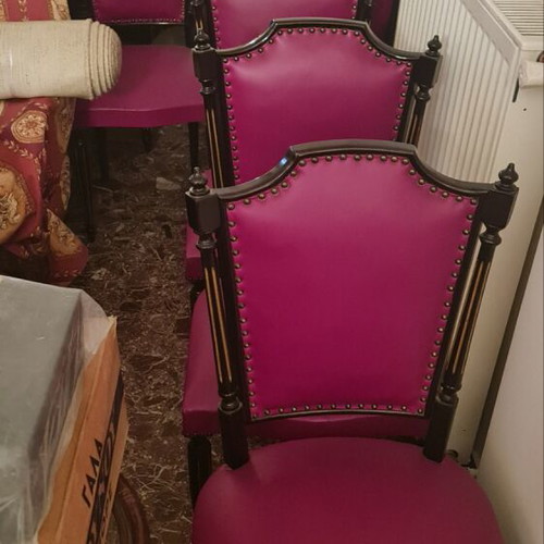 Antique dining set black lacquer like new with 6 leather chairs and sideboard