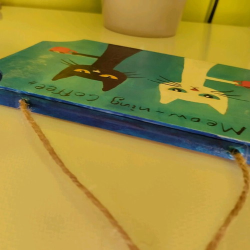 Wooden hanging frame Meow-morning painting new 13×20 cm