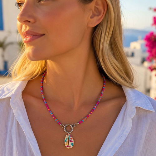 Handmade Necklace with Czech beads, stainless steel nautical steering wheel clasp, hand-painted shell