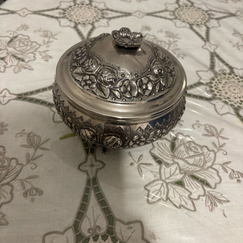 Handmade silver-plated fondue pot with carved details like new