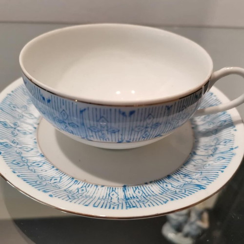 Set of two used Chinese tea cups with blue design and silver trim