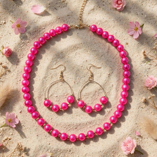 Handmade hot pink summer necklace and earrings set new
