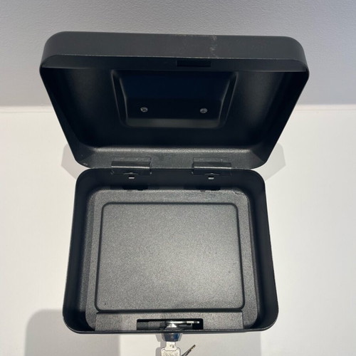 Portable cash box with 2 keys like new, metal, black matte