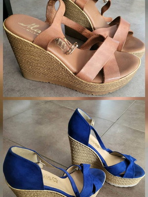 Wedge sandals used, 2 pairs blue and tan, size 37