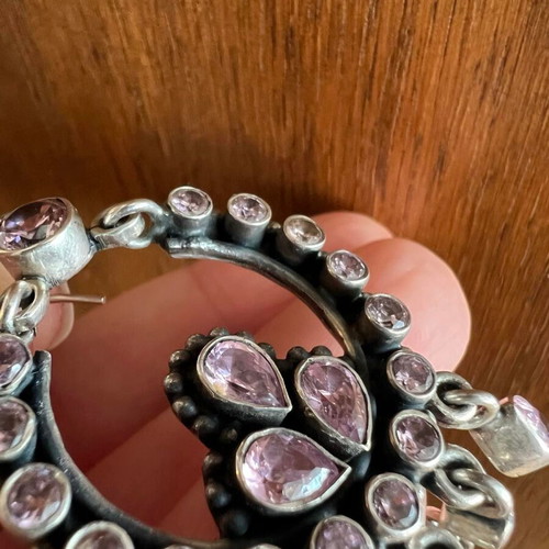 Silver chandelier earrings used with pink semi-precious stones