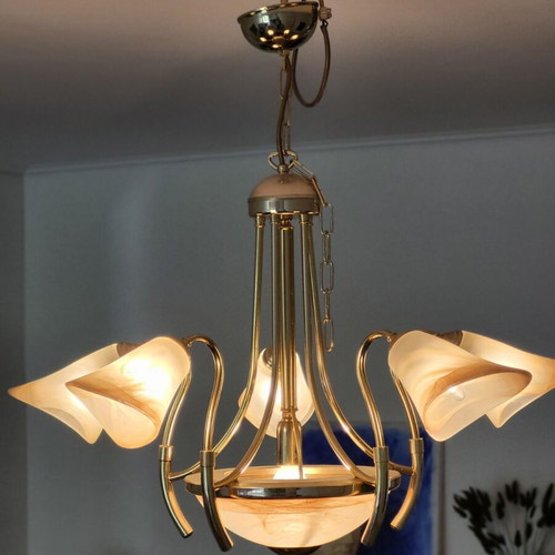 Ceiling chandelier used with handmade glass and bronze