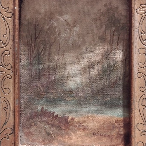 Oil painting by G. Skourlis used, miniature landscape in ornate vintage frame