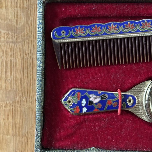 Vintage Cloisonné comb and brush set with original case like new