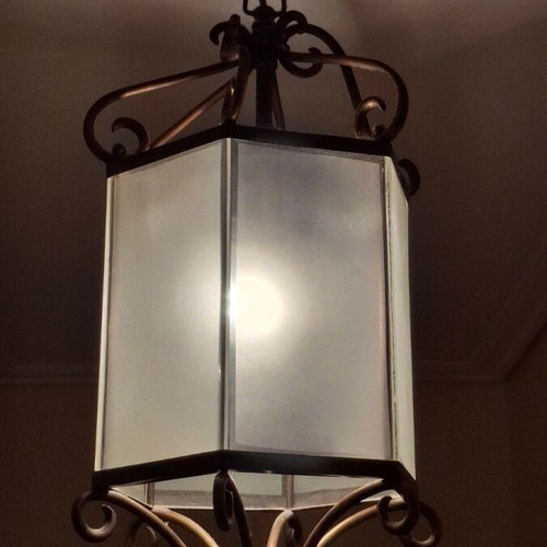Vintage hexagonal brass ceiling light lantern like new, frosted glass