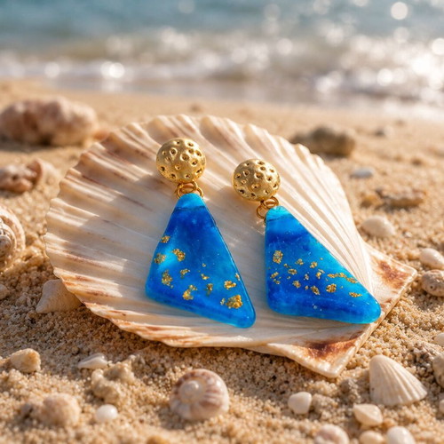 Handmade Aegean Blue Earrings with Liquid Glass and Gold Leaf