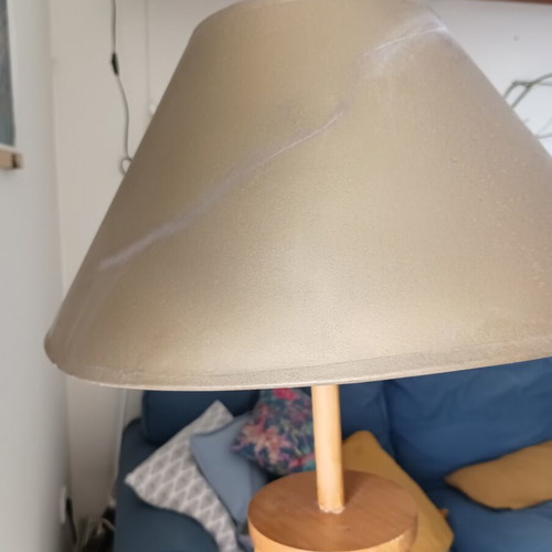 Wooden floor lamp handmade, used, minimal design with oil lampshade